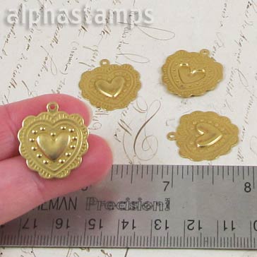 Embossed Brass Heart Charm w Scalloped Edges