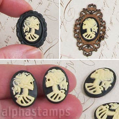 Set of 18x13mm Black & Ivory Skeleton Woman Cameos